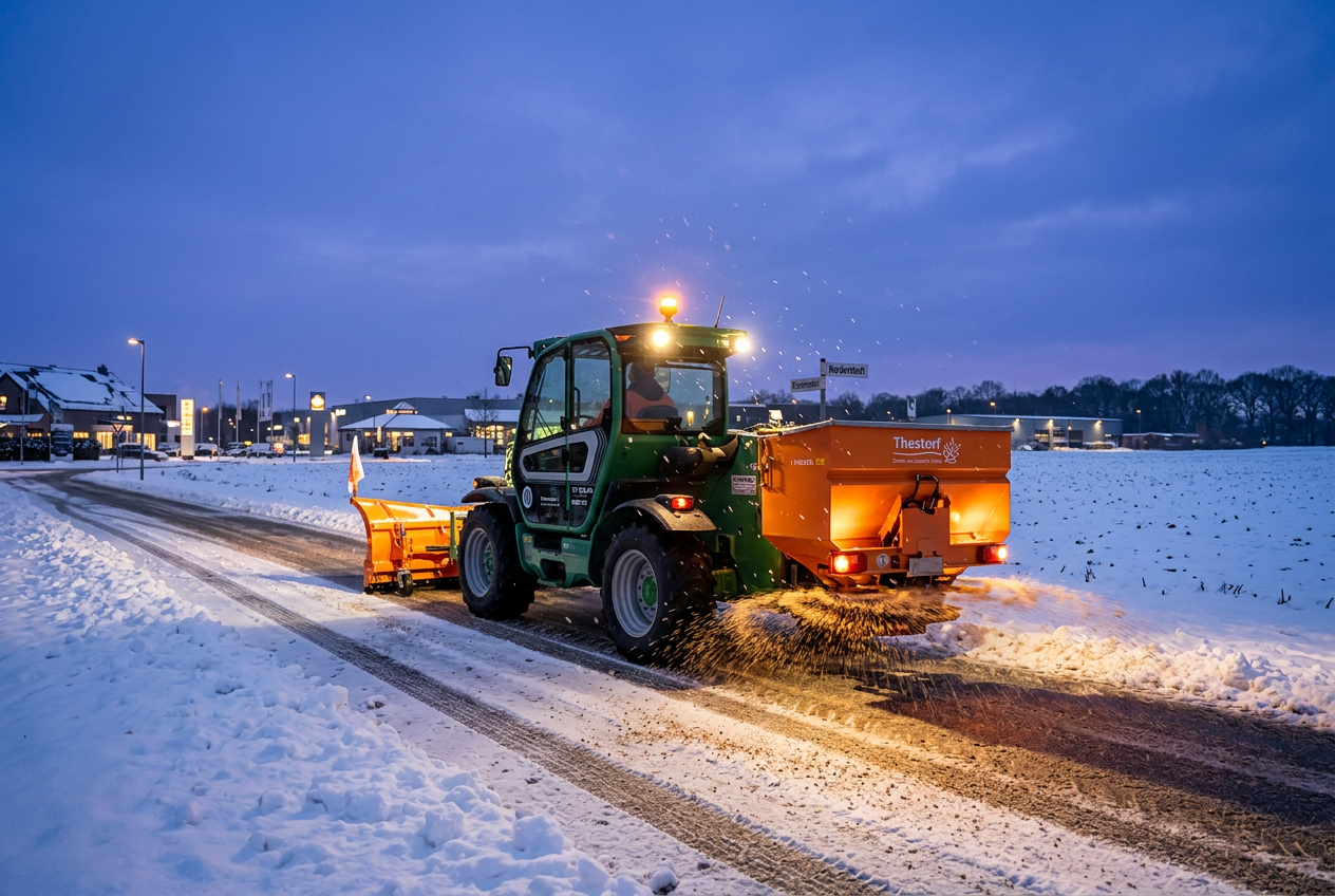 Traktor mit Räumschild und Streuaufbau auf einer verschneiten Zufahrt bei Abendlicht